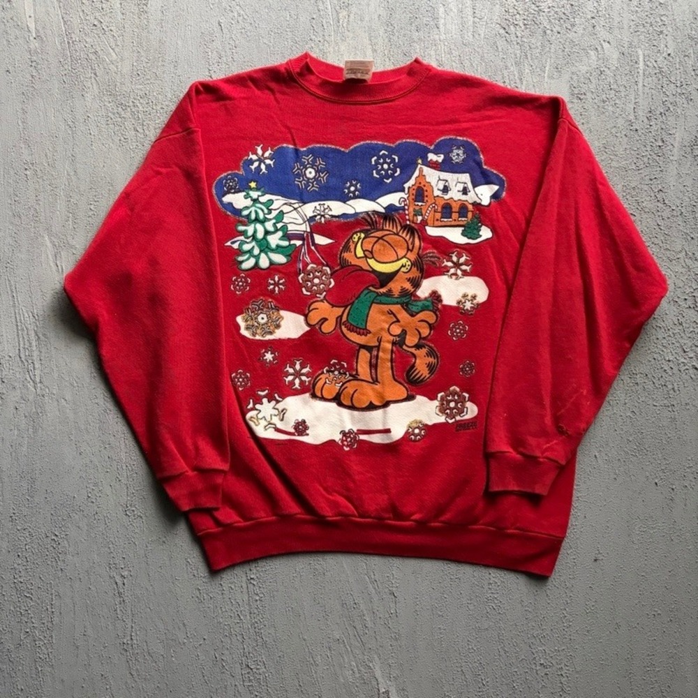 Vintage Garfield Sweatshirt XL Red 1990s Christmas Winter